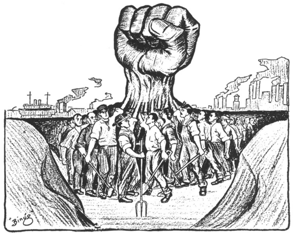 Group of workers standing together with fists raised, and raised fists merge into one large unified fist. Classic image from IWW newspaper published in 1917.